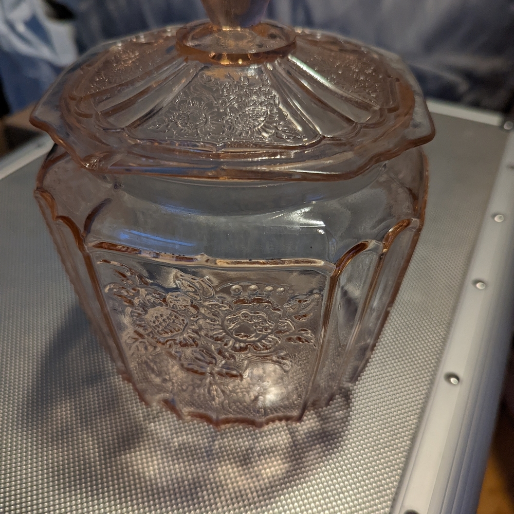 Pink Depression Glass cookie jar